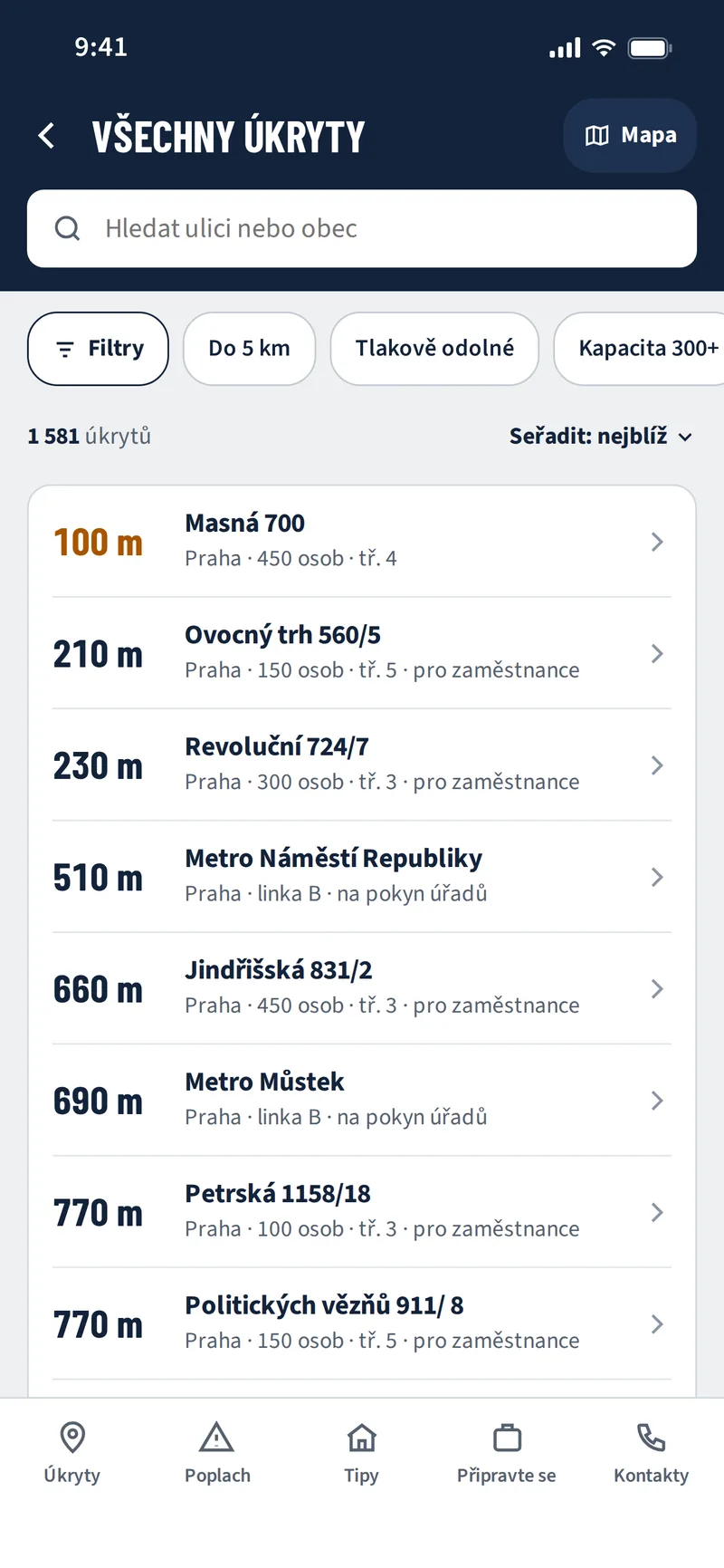 Seznam všech úkrytů s filtry a vzdáleností